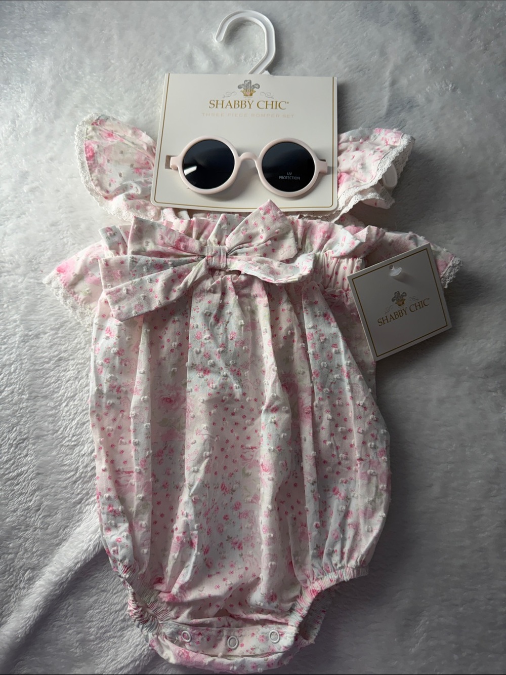 Shabby Chic Pink Floral Baby Romper with Pale Pink Round Sunglasses